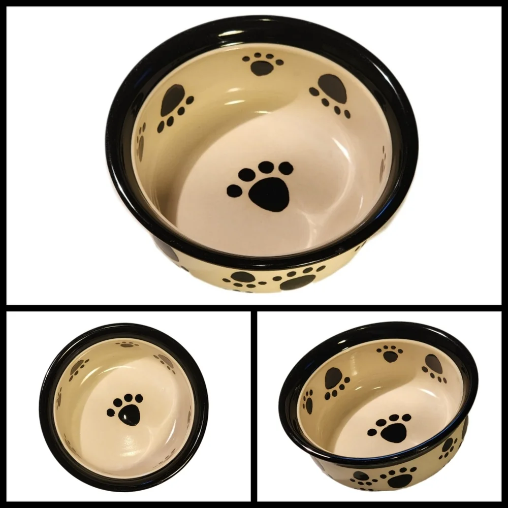 6-Pc Wrought Iron Pet Feeder w/ 4 Ceramic Pawprint Bowls & 1 Stainless Steel